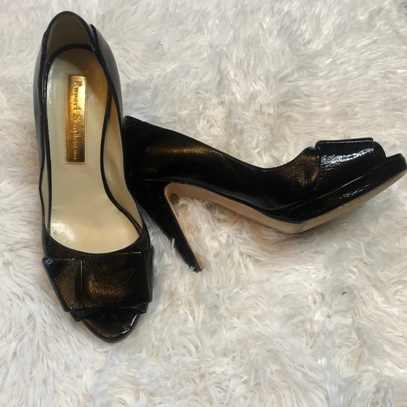 RUPERT SANDERSON BLACK OPEN TOE PATENT LEATHER  PUMPS SHOES  7 - Picture 4 of 9
